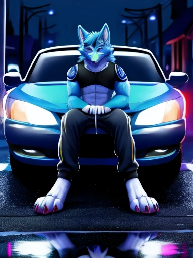 1person, light blue fur protogen furry character wolf , sitting on the road, leaning on the car, solo, full body, long legs, night,horrors, (nSFW), nsfw version, sitting on wet asphalt,(white big sweatpants), leaning on a white police car, the side of the machine, heavy rain, puddles,reflection of flashing lights, reflections,The cover of the weeken,night