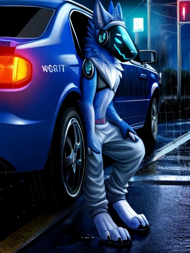 1person, light blue fur protogen furry character wolf , sitting on the road, leaning on the car, solo, full body, long legs, night,horrors, (nSFW), nsfw version, sitting on wet asphalt,(white big sweatpants), leaning on a white police car, the side of the machine, heavy rain, puddles,reflection of flashing lights, reflections,The cover of the weeken,night