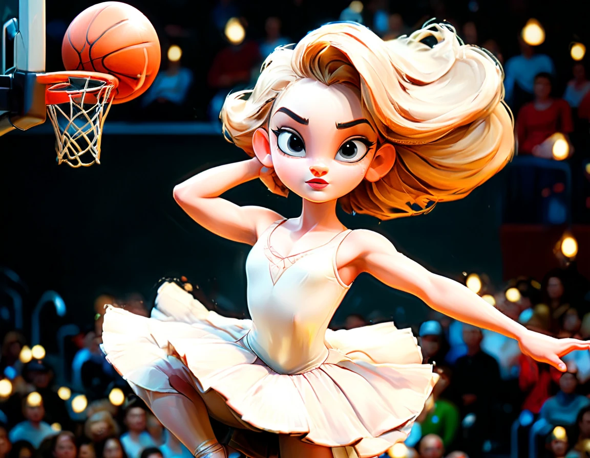 Arafed a sports capture picture of a beautiful ((ballet dancer: 1.5)),  (dunking at a basketball game: 1.3) at a basketball game, an exotic beautiful ballet dancer, blond hair, long hair, dynamic eyes color, concentrated look, determined look, best detailed face, dynamic skin color, wearing ballet clothes and shoes, and dunking, ultra wide shot, photorealistic, vibrant, Ultra-high resolution, High Contrast, (masterpiece:1.5), highest quality, Best aesthetics), best details, best quality, highres, ultra wide angle, 16k, [ultra detailed], masterpiece, best quality, (extremely detailed),