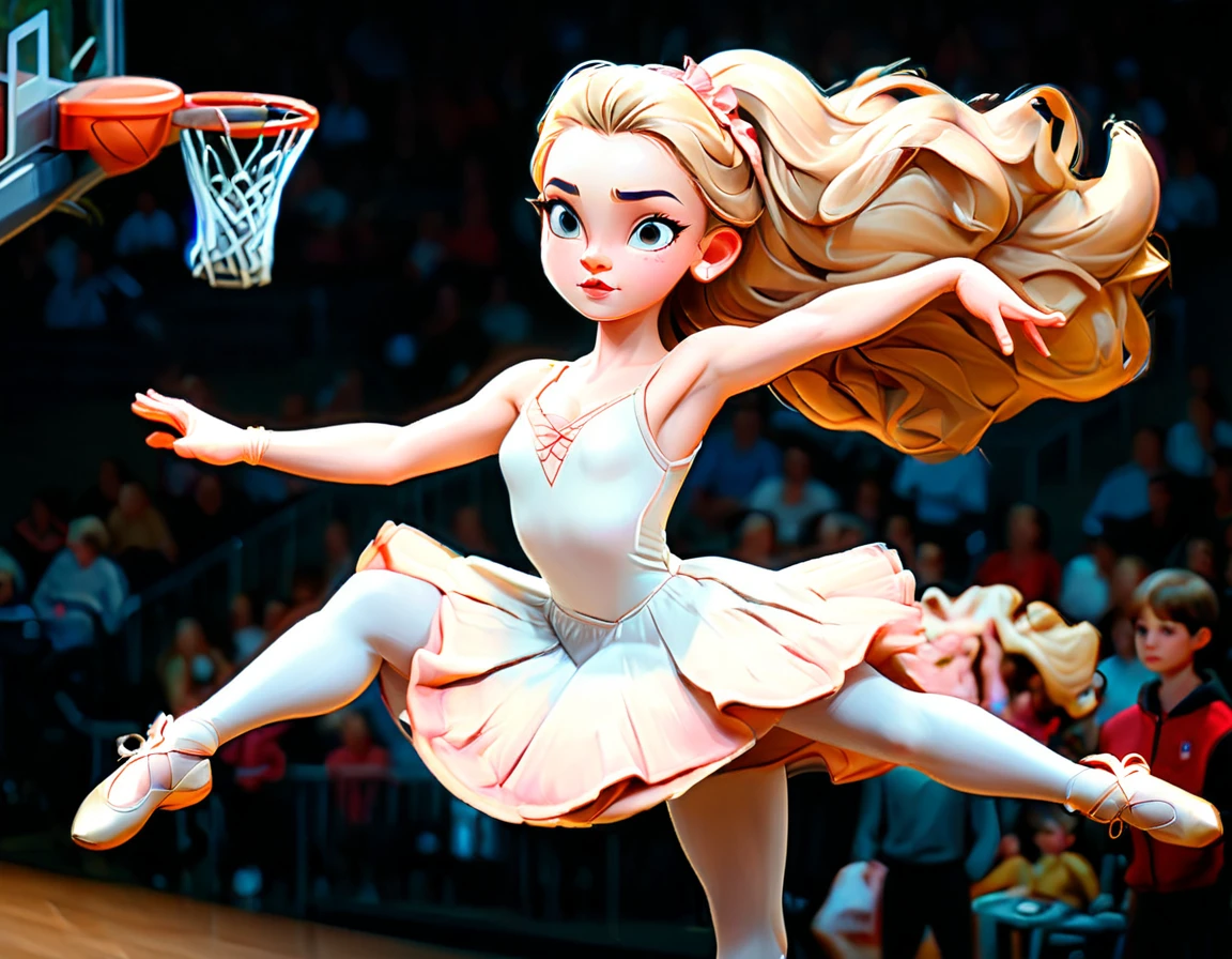 Arafed a sports capture picture of a beautiful ((ballet dancer: 1.5)),  (dunking at a basketball game: 1.3) at a basketball game, an exotic beautiful ballet dancer, blond hair, long hair, dynamic eyes color, concentrated look, determined look, best detailed face, dynamic skin color, wearing ballet clothes and shoes, and dunking, ultra wide shot, photorealistic, vibrant, Ultra-high resolution, High Contrast, (masterpiece:1.5), highest quality, Best aesthetics), best details, best quality, highres, ultra wide angle, 16k, [ultra detailed], masterpiece, best quality, (extremely detailed),