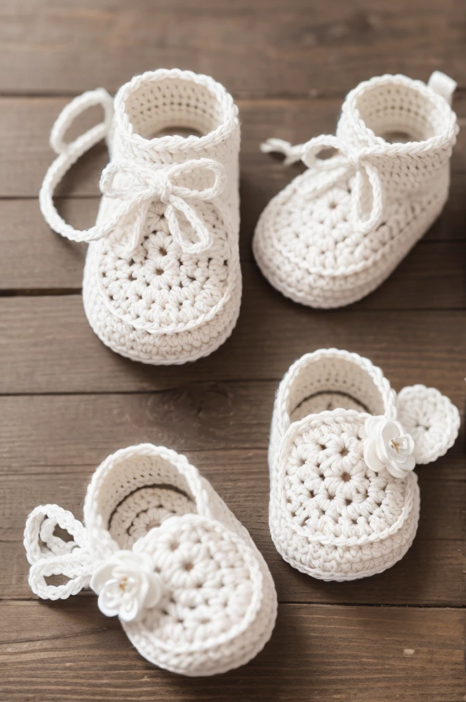 Crochet booties on baby feet, white color with flower details