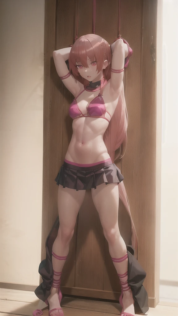 1girl, tied up hands behind back, scared, wearing bikini, Tsukasa Tsukuyomi, tied legs as well, pink hair, pink eyes, detailed belly, attractive physique, sexy figure, looking at viewer with disgust.
