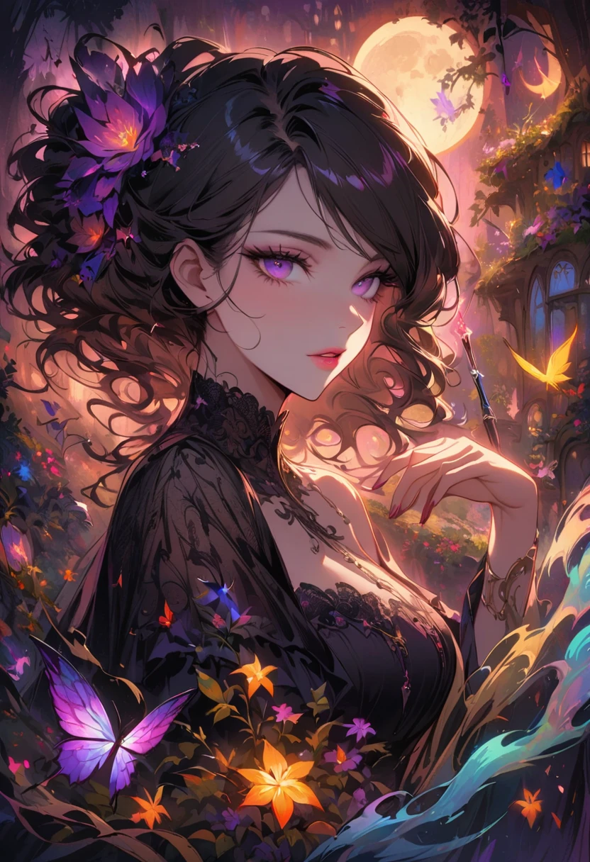 black lace dress,portrait,Beautiful and delicate eyes,Beautiful and delicate lips,long eyelashes,witch,black magic wand,moonlight,enchanted forest,mysterious atmosphere,gothic style,bright colors,dynamic poses,soft light,powerful gaze,unforgettably beautiful,ethereal beauty,Storybook illustration,Contrasting tones,darkness and light,Whimsical feeling,Fantasy elements,Exquisite hairstyle,Mysterious aura,sparkling stars,alluring charm,dusk,cast a spell,hidden secret,Glowing moon,The power of enchantment,very attractive,beauty and mystery,The sky under the moonlight,otherworldly existence,seductive gaze,Enchanting