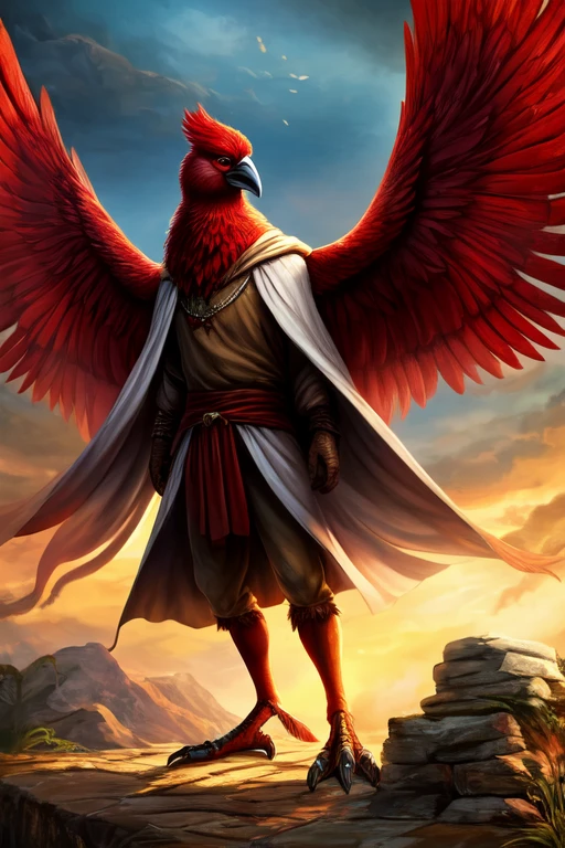 ((Best quality)), ((masterpiece)), (detailed), bird with human arms and legs with red plumage, red eyes, with large wings, with a white cape at the back and a small bag of rags at the front