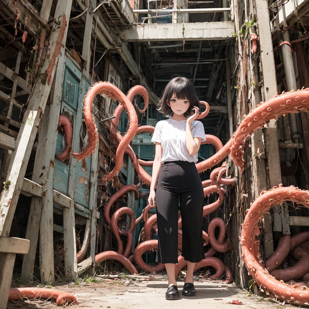 Girl captured by tentacles in abandoned factory　Tentacles in a skirt　Pants fabric texture　