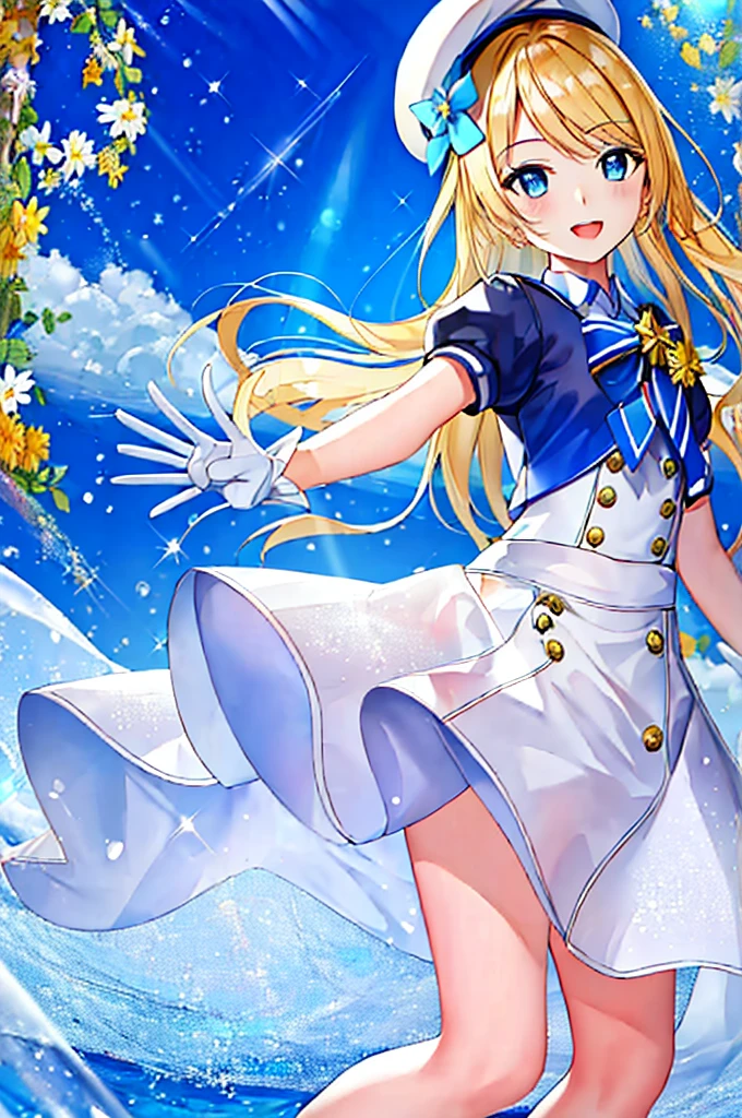 (masterpiece, Highest quality, detailed:1.3),(photograph:1.3), HD transparent background, High detail,cute,One Girl, cute表情, smile,、Sparkling eyes、hat、uniform、gloves、dance、Outdoor、flower、blue sky、summer、