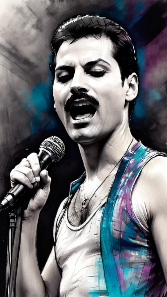 High Resolution, High Quality , Masterpiece Freddie Mercury commanding the stage with Queen band, charcoal and ink sketch style inspired by Richard Phillips, amplified to an impressive digital painting, dynamic composition, rock ambiance, detailed background suggesting a lively concert setting, accent lighting zigzagging across the front row, contrasting colors enriching the scene, enhanced with a watercolor wash, sharp focus capturing the raw energy, intricate details rivaling a studio photo, overall quality worthy 