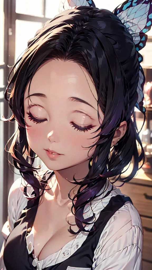 Eyes closed、One Woman、(((Close up on face)))、((from the front))、Cleavage、Flushed Cheeks、Attractive lips、Glowing Skin、Fair skin、Cleavage、High Ponytail、Wavy Hair