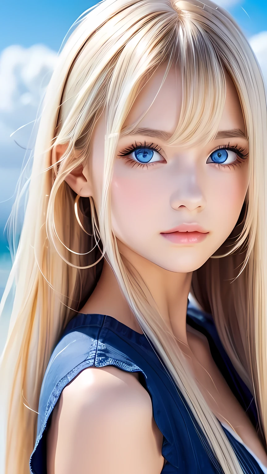 Very beautiful face、A beautiful blonde girl with a stunning beauty、Super Long Hair、windy silky blonde super long hair、Swinging bangs that block the view、Cute sexy 16 year old blonde girl with light blue eyes、Hair above the eyes、片Hair above the eyes、Hair between the eyes、Big bright light blue eyes that shine so beautifully、eyeliner、Bright expression、Cheek gloss highlighter、Round face