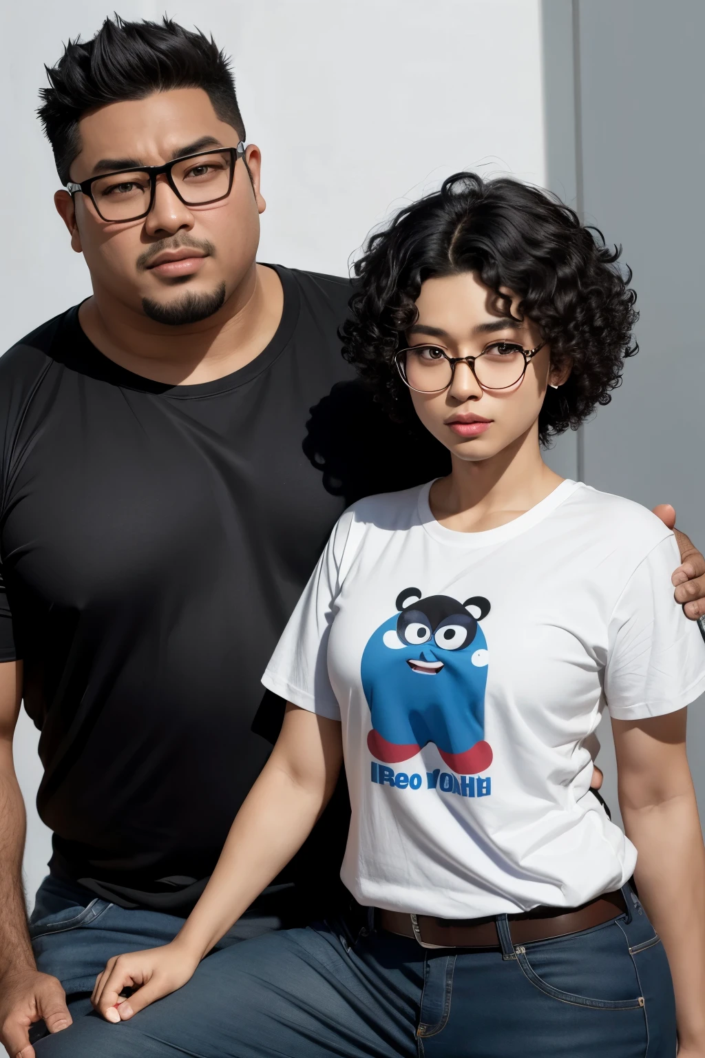 Pixar-style. Black skin man, dark brown eyes, Cao Cao, fatter, with glasses, blue decal, white t-shirt Short curly black hair.