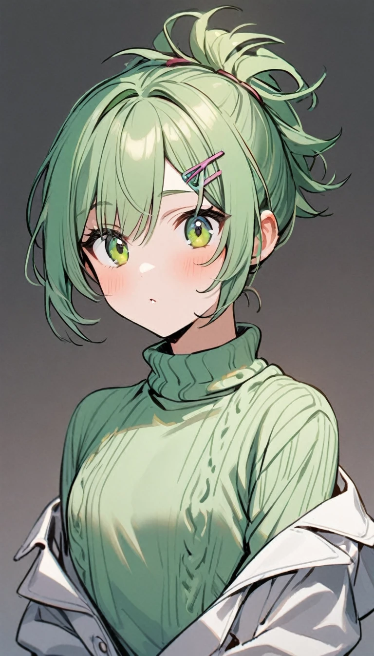 1boy , short green hair , pulled up hair with clips , , light green sweater with white blazer on top ,