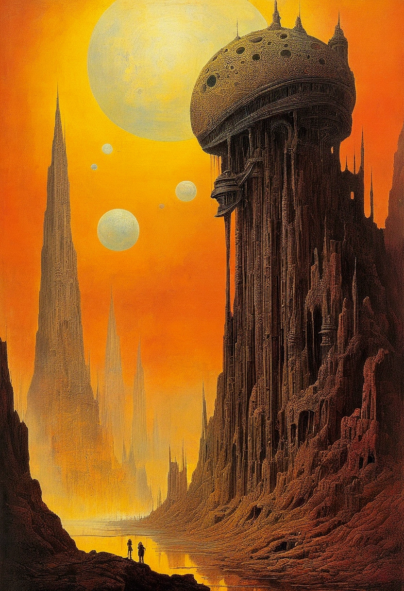 Alien civilization ruins,Old sci-fi posters, author:Zsław Beksinski 和 Jean.Gillot