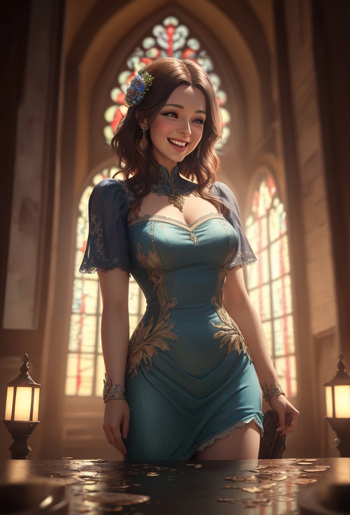 A woman laughing out loud, stained glass painting, beautiful detailed face, colorful, intricate glass patterns, shimmering lighting, vibrant colors, masterpiece, photorealistic, 8k, ultra-detailed, sharp focus, physically-based rendering