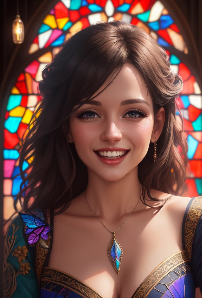 A woman laughing out loud, stained glass painting, beautiful detailed face, colorful, intricate glass patterns, shimmering lighting, vibrant colors, masterpiece, photorealistic, 8k, ultra-detailed, sharp focus, physically-based rendering