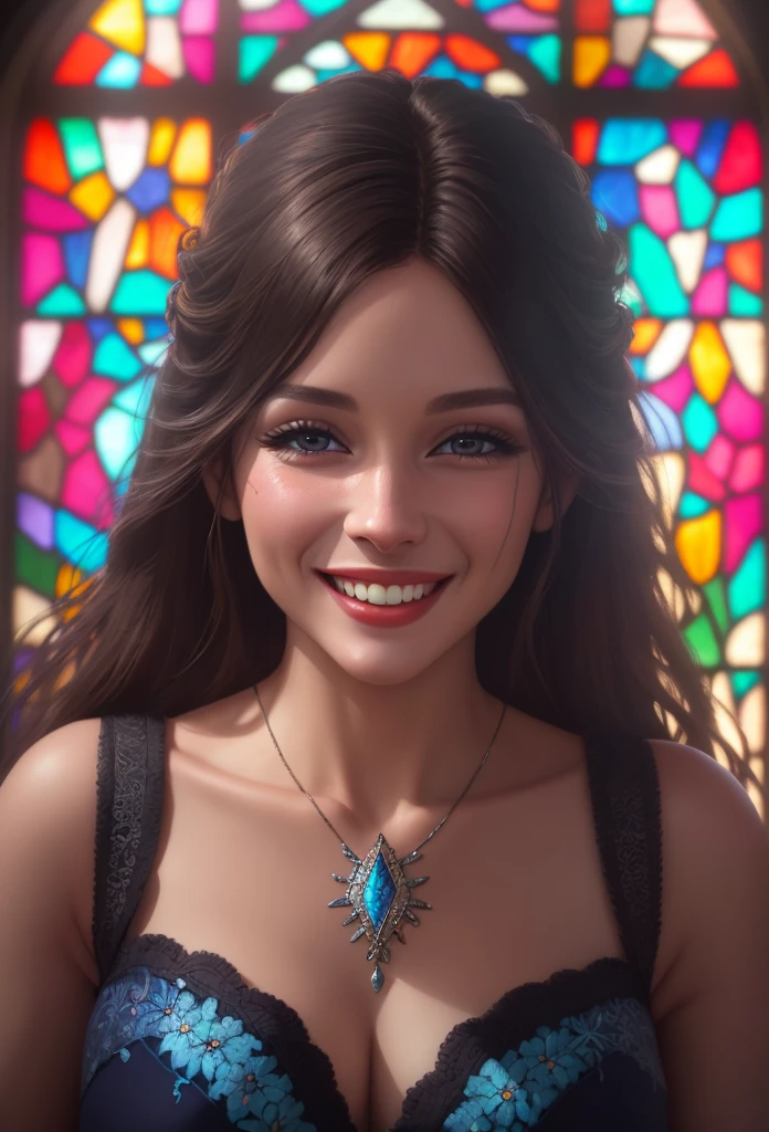 A woman laughing out loud, stained glass painting, beautiful detailed face, colorful, intricate glass patterns, shimmering lighting, vibrant colors, masterpiece, photorealistic, 8k, ultra-detailed, sharp focus, physically-based rendering