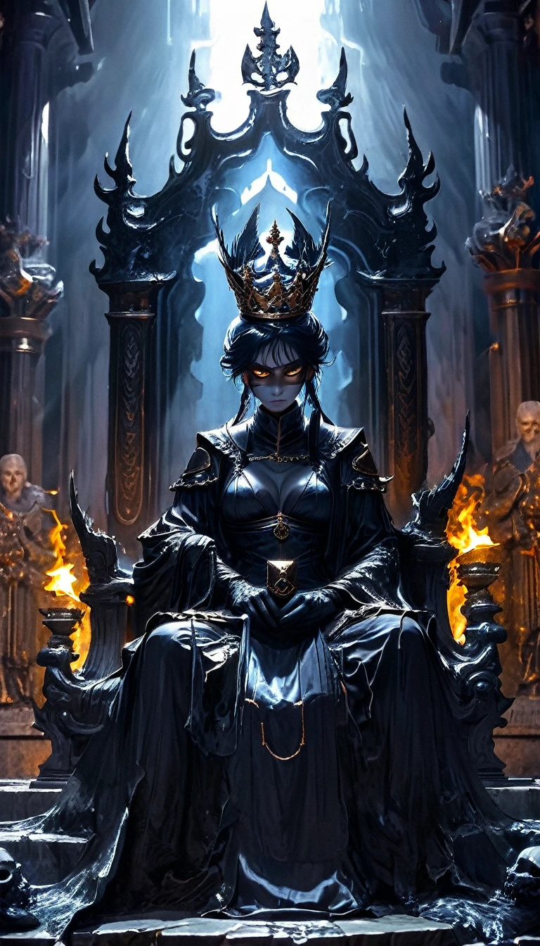 High angle, close-up
Hades sitting on throne, underworld palace, night, dim lighting, shadows, somber expression, helmet, crown, dark robe, deep-set eyes