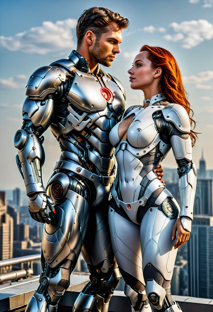 Sexual relationship between a male cyborg and a female cyborg on the roof of a skyscraper, high quality, best quality, absurdres, masterpiece, beautiful, intricate details, 1/2 body crop, slim body, beautiful figure, magnificent anatomy, (intricate details:1.12), HDR, (intricate details, hyper-detailing:1.15), (natural skin textures, hyper realisitc, soft light, Sharp:1.2)