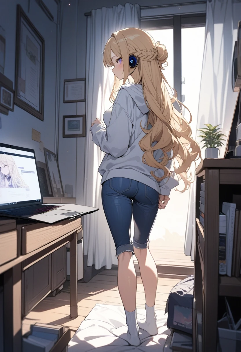masterpiece, best quality, extremely detailed, ultra detailed, flat anime, 2D,
1girl, (young adult:1.2),blonde hair, (semi-long hair:1.2), curly hair, french braid, medium breasts, tsurime, purple eyes, height 1.7meters,
white hooded sweatshirt, jeans, earring,bracelet, long sleeves, ((Bluetooth small earphone)),socks,
Back view of a laptop computer,Operating a laptop computer,
from behind, full body,
summer, livingroom, 12AM., standing