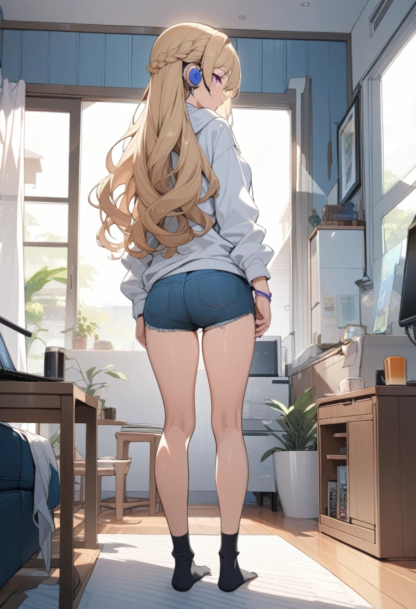 masterpiece, best quality, extremely detailed, ultra detailed, flat anime, 2D,
1girl, (young adult:1.2),blonde hair, (semi-long hair:1.2), curly hair, french braid, medium breasts, tsurime, purple eyes, height 1.7meters, 
white hooded sweatshirt, jeans,  earring,bracelet, long sleeves, ((Bluetooth small earphone)),socks,
Back view of a laptop computer,Operating a laptop computer,
from behind, full body, 
summer, livingroom, 12AM., standing