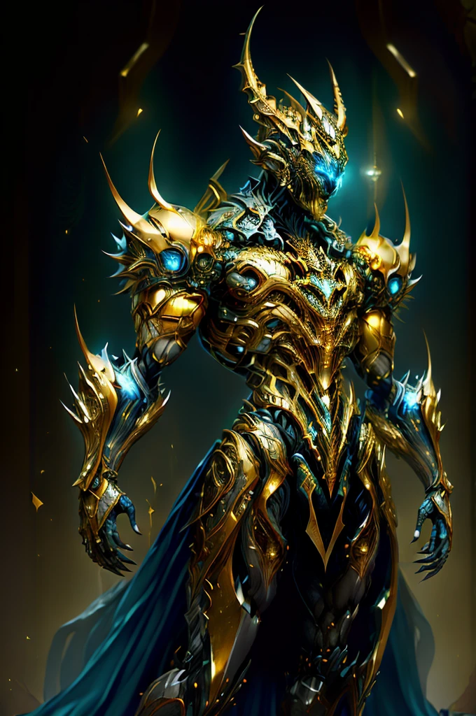 (masterpiece:1.2), best quality, high resolution, unity 8k wallpaper, (illustration:1.0), beautiful detailed, extremely detailed, perfect lighting, extremely detailed CG,glowing eyes, backlighting, armor, fake_horns, glowing, full_armor,warframe,humanoid_robot,horns, helmet,mask,sample_background,
looking at the viewer,solo,perspective, full body, dark magic, dazzling energy, voild, eyes of sky very noble, dragon concept armor, pillar of light, wearing a platinum robe, machanical hand, negative energy, sliver armor(the colour is gold), Embedded with blue gems, metallic, real texture material, prefect body proporions, golden ratio, symmetrical face, extremely detailed eyes and face,