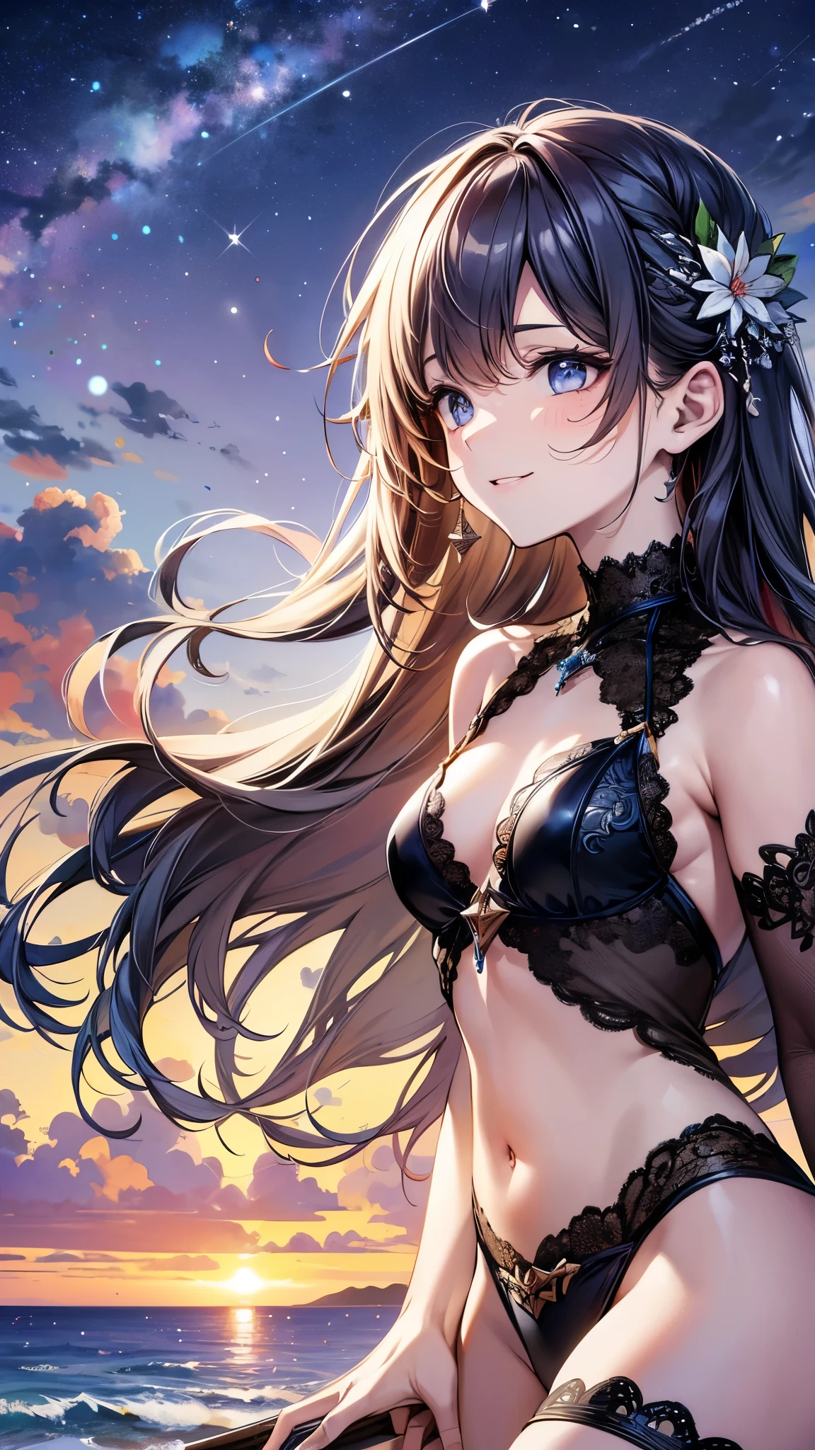 ((Highest quality)),(Ultra-high resolution),(Super detailed),(Detailed Description),((The best CG)),(masterpiece),Highly detailed art,(Art with precise details:1.5), Sunset on the horizon:1.6, The beach dyed in the sunset:1.4, smile:1.4,