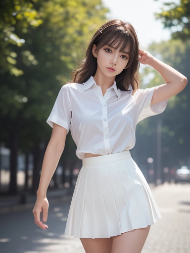 (Detailed skin:1.2), (Glowing Skin:1.1), 8k,Highest quality, masterpiece, Ultra-high resolution, (Realistic:1.4), RAW Photos, (Soft Saturation:1.3), (Fair skin:1.2), 1 Female, Improve, Glamour, Brown Hair, Medium Hair, Asymmetrical hair, Wavy Hair, Asymmetrical bangs, (White collared shirt, Wear a tight skirt:1.2), 