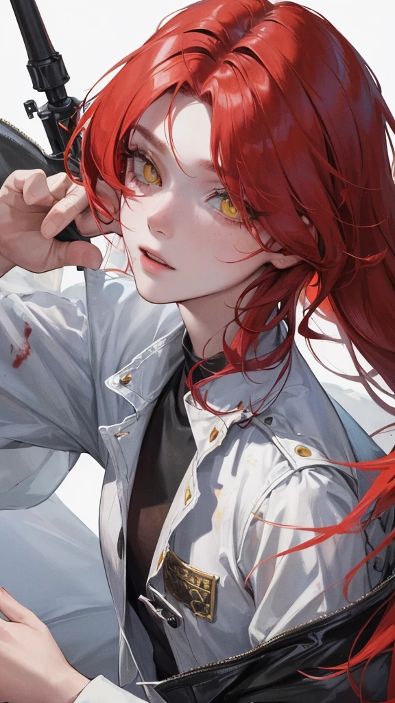 (Top resolution、Distinct_image)top-quality、A girl、masterpiece、highly detailed, half body, Semi-realistic、Yellow eyes 、18year old, red hairs ,young 、Exquisite facial features、Facial features ,variation potrait, long hairstyles, zl apocalypse, age, cool , cold sharp eyes, An expression of despair., Torn clothes, destroyed clothes, damaged clothing, all dirty, dirty, dirt, lifeless eyes, blood on face, , {Very detailed 8k CG unit wallpaper}, Handsome, solo, female, mafia, black shirt, white pant, white coat,