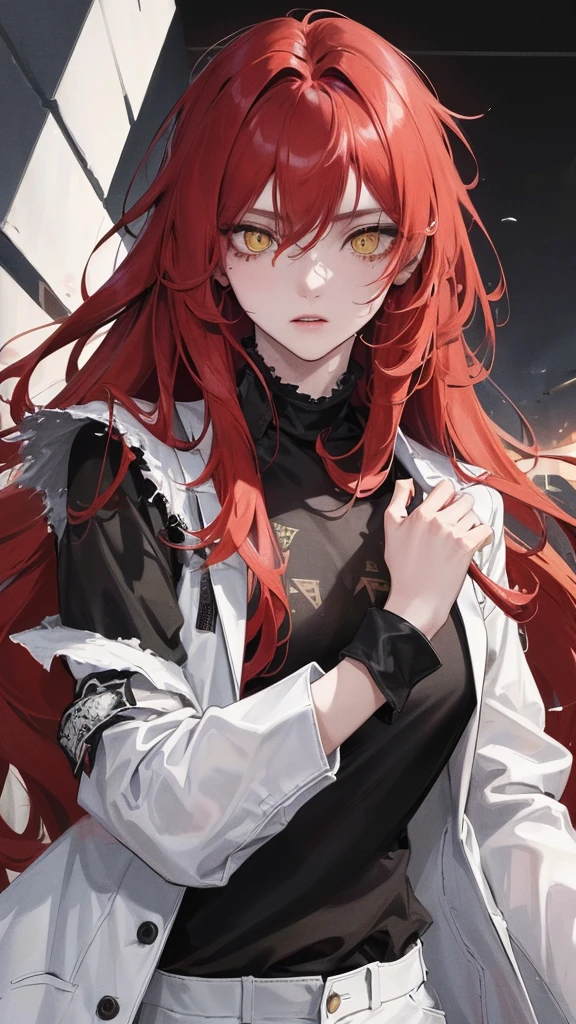 (Top resolution、Distinct_image)top-quality、A girl、​masterpiece、highly detailed, half body, Semi-realistic、Yellow eyes 、18year old, red hairs ,young 、Exquisite facial features、Facial features ,variation potrait, long  hairstyles, zl apocalypse, teenage, cool , cold sharp eyes, An expression of despair., Torn clothes, destroyed clothes, damaged clothing, all dirty, dirty, dirt, lifeless eyes, blood on face, , {Very detailed 8k CG unit wallpaper}, Handsome, solo, female, mafia, black shirt, white pant, white coat,