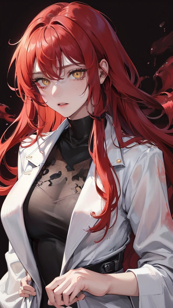 (Top resolution、Distinct_image)top-quality、A girl、masterpiece、highly detailed, half body, Semi-realistic、Yellow eyes 、18year old, red hairs ,young 、Exquisite facial features、Facial features ,variation potrait, long hairstyles, zl apocalypse, teenage, cool , cold sharp eyes, An expression of despair., Torn clothes, destroyed clothes, damaged clothing, all dirty, dirty, dirt, lifeless eyes, blood on face, , {Very detailed 8k CG unit wallpaper}, Handsome, solo, female, mafia, black shirt, white pant, white coat,