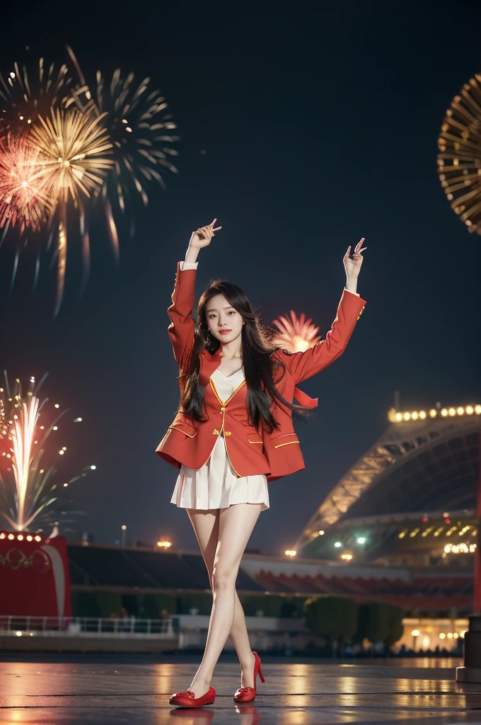 (((best quality))),(((ultra detailed))),(((masterpiece))),illustration, ((Olympic Opening Ceremony,in Paris,summer night,magnificent National stadium of France,Olympic flame, fireworks)),(crowded crowds of enthusiastic spectators:1.3),((a beautiful Chinese girl,solo)),((shoulder length straight hair:1.2)),((slim,thin)),((small breasts,flat chest)),(red blazer:1.5),(yellow dress:1.2),(slender legs:1.2),(loafers:1.2),excited expression, awe, celebrating, electric atmosphere, sense of pride, excitement, playing field, crowd energy, unity, camaraderie, representing China, historic event, memorable moment,((from front,full body))