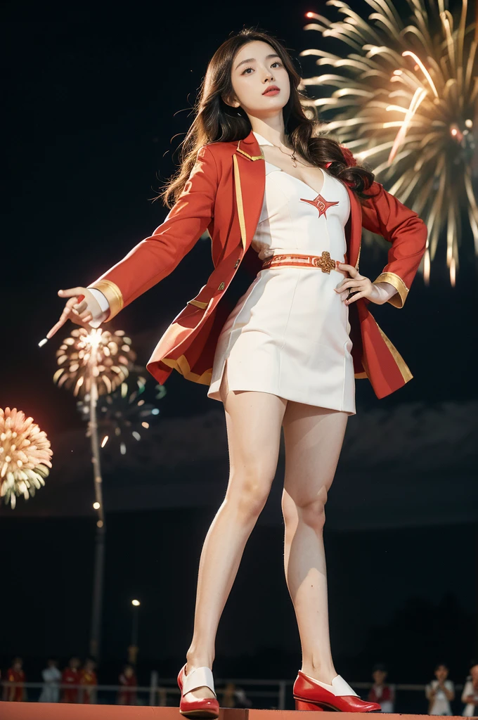 (((best quality))),(((ultra detailed))),(((masterpiece))),illustration, ((Olympic Opening Ceremony,in Paris,summer night,magnificent National stadium of France,Olympic flame, fireworks)),(crowded crowds of enthusiastic spectators:1.3),((a beautiful Chinese girl,solo)),((shoulder length straight hair:1.2)),((slim,thin)),((small breasts,flat chest)),(red blazer:1.5),(yellow dress:1.2),(slender legs:1.2),(loafers:1.2),excited expression, awe, celebrating, electric atmosphere, sense of pride, excitement, playing field, crowd energy, unity, camaraderie, representing China, historic event, memorable moment,((from front,full body))