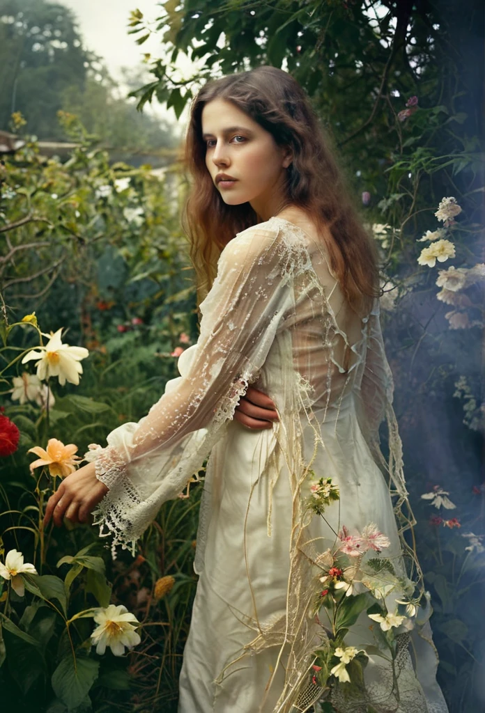 Ethereal Beauty in a Garden, digital art photograph, woman's face and body obscured by flowers, lace-trimmed garment, soft lighting, translucent fabrics, ethereal quality, dreamlike atmosphere, subtle colors, natural garden setting, Sally Mann-inspired style.