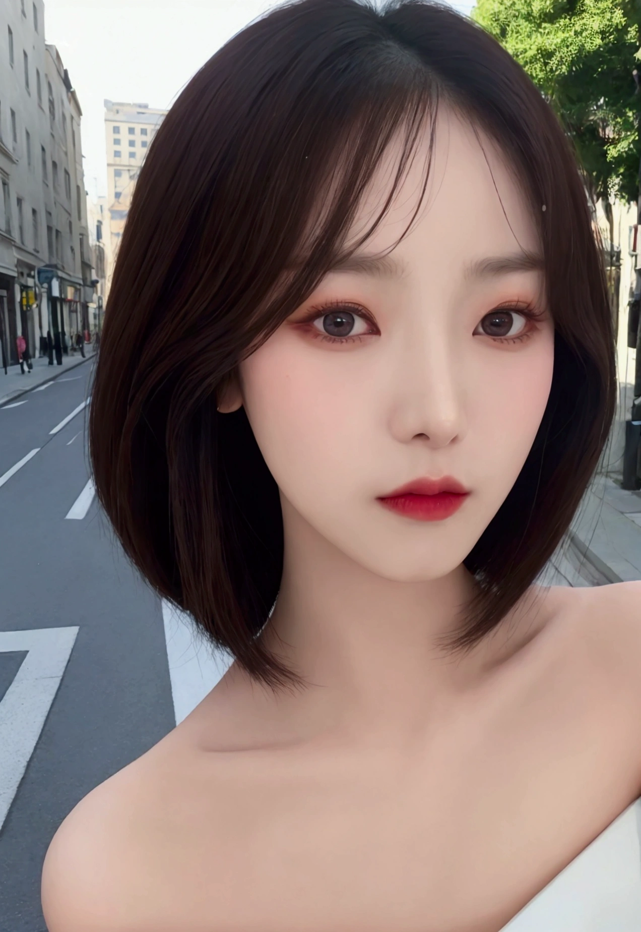 ((top-quality、8k、​masterpiece：1.3))、sharp focus：1.2、Beautiful Women in Perfect Style：1.4、Slender Abs：1.2、((Dark brown hair、Short Bob、large bust：1.2))、(natural soft light、City Street:1.1)、Highly detailed facial and skin texture、A detailed eye、double eyelid
