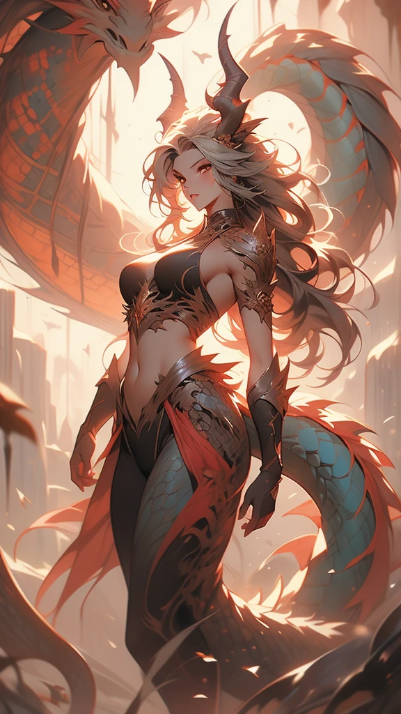Painting of a dragon with long hair and a tail, Colored pencil sketch by Lucas Graciano, Deviant Art, Fantasy art, Curved horned dragon!, Scarred Dragon, Dragon Art, but As an anthropomorphic dragon, A well designed female dragon head, Dragon's Verbal Attack Art, As an anthropomorphic dragon, Amazing details. Colored, anthro Dragon Art