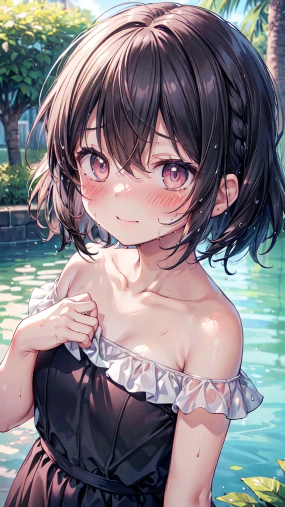 (Ultra-high resolution of the highest quality, masutepiece, Best Quality, 8K, Super Detail, Best Quality:1.3), (Anatomically correct:1.3), (face shot:1.6), (1 Little Girl), (Child), (Loli), (infant), (Small body), (flat chest), (elementary school student), (blush face:1.6), short black wavy hair, bangs hair over eyes, (white strapless dress), in Park Fountain, funny smile, (wet), (beautiful hair, beautiful eyes, beautiful face) (face focus, human ear focus, clavicle focus), from side