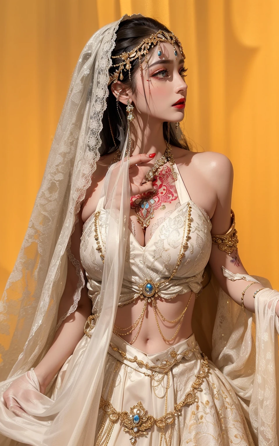 Royal princess,Extremely detailed, Delicate face, Stock Photography , Portrait 400, F1 Camera Lens.6, rich and colorful, Surrealism, Realistic textures, Dramatic Lighting, Thin Film Distiller 800 (8K, original photo, Better quality, masterpiece: 1.2), Extremely detailed, (Extremely delicate skin: 1.2), 8K ultra high definition, SLR camera, Soft Light, high quality.Fire Queen,Blue pupils,Wear red lipstick,Have a tattoo,The tattoo is very three-dimensional,Gorgeous and intricate tattoo designs,Dark eyeshadow,Sexy thick lips(Red lipstick),Gorgeous clothes,Silk scarf on chest