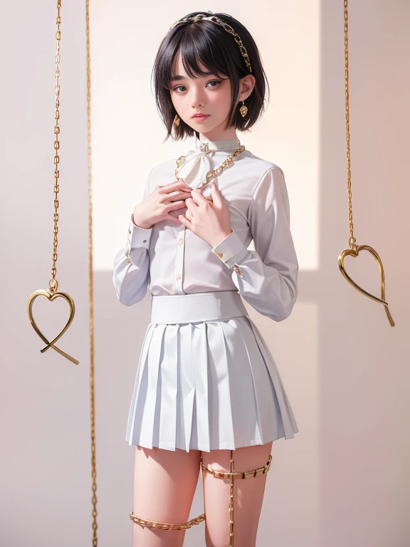 (masterpiece、Highest quality:1.7)、(11 years old:1.5)、(Shot from the calf up:1.5)、Bobcut、Black Hair、85mm、16K、Official Art、RAW Photos、Best Beautiful Faces、Close-up、Violet、Gardenia、((The best beautiful girl、very cute))、Red blush on cheeks、indoor、(Are standing:1.8)、Film Grain、Chromatic Aberration、Sharp Focus、(((Nice hands、Perfect hands、Perfect Fingers、Thin and delicate fingers、A perfect body without flaws)))、Detailed face、(Slender body:1.5)、(Slender body:1.4)、(Slim upper body:1.4)、(Small and flat bust:1.7)、(Let your bangs hang down:1.8)、(Blushing:1.8)、(Low contrast lighting:1.2)、(White tight business blouse with collar:1.5)、(White bow tie blouse:1.6)、(Long sleeve: 1.3)、(A very short white pleated mini skirt:1.8),(Holding his chest with his palm:1.5),(Leg Chain:1.7)、(White Earrings:1.5)