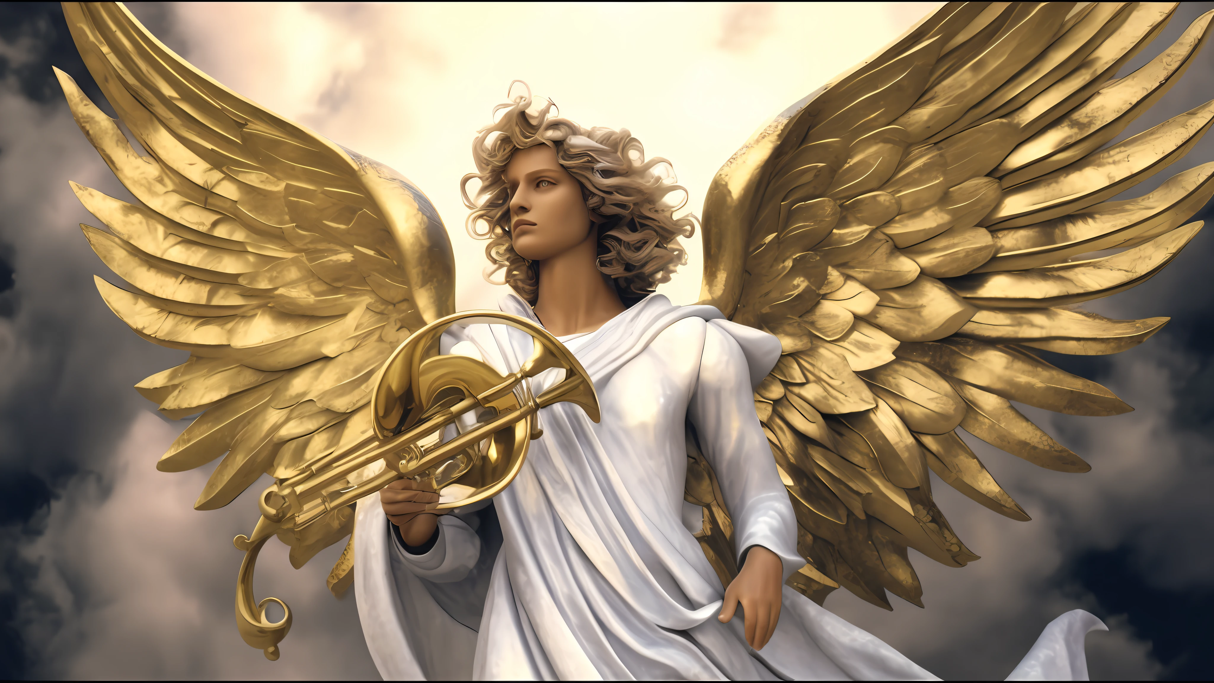 a close-up of a statue of an angel with a trumpet, accurate biblical angel, angelic, archangel, by Kurt Wenner, angelic, biblically cornered angel, Biblically Correct Angels, archangel Michael, beautiful angel, angel themed, angel themed, big angel wings wide open, angelic golden armor, wide angel, the god of music, with a face similar to the face of Brazilians,
