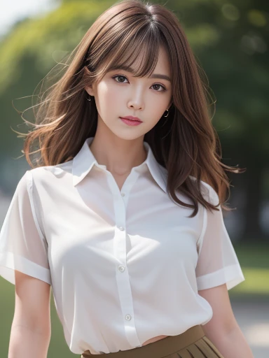 (Detailed skin:1.2), (Glowing Skin:1.1), 8k,Highest quality, masterpiece, Ultra-high resolution, (Realistic:1.4), RAW Photos, (Soft Saturation:1.3), (Fair skin:1.2), 1 Female, Improve, Glamour, Brown Hair, Medium Hair, Asymmetrical hair, Wavy Hair, Asymmetrical bangs, (White collared shirt, Wear a tight skirt:1.2),
