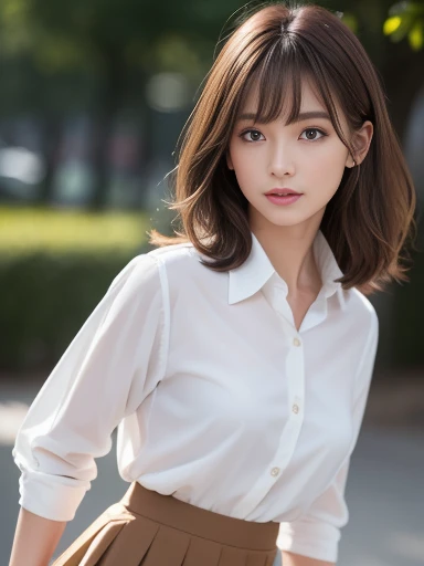 (Detailed skin:1.2), (Glowing Skin:1.1), 8k,Highest quality, masterpiece, Ultra-high resolution, (Realistic:1.4), RAW Photos, (Soft Saturation:1.3), (Fair skin:1.2), 1 Female, Improve, Glamour, Brown Hair, Medium Hair, Asymmetrical hair, Wavy Hair, Asymmetrical bangs, (White collared shirt, Wear a tight skirt:1.2),