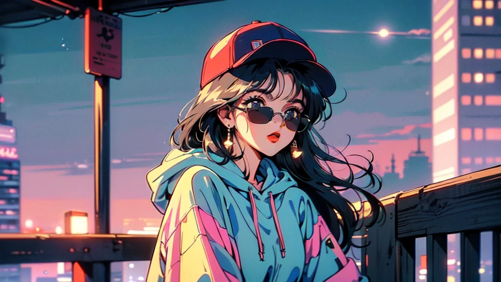 (80's, Retro, City Pop:1.5), (masterpiece, Highest quality, Exquisite detail), (anime, figure), (pastel colour:1.3),girl, alone, cool, Wearing sunglasses, Cityscape, City of night, Street fashion, Wearing a hoodie, Wearing a black baseball cap