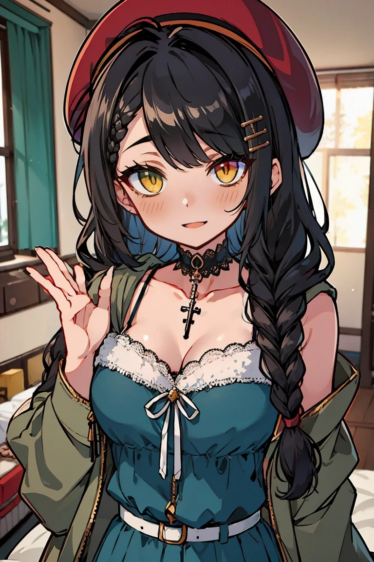 (masterpiece:1.2), (high quality:1.2), hui xiyi, rekkyo sensen, rekkyou sensen, girls with((1girl, solo, black hair, right yellow eyes, left silver eyes, heterochromia, (wavy long hair, right swept bangs, wearing a red millitary beret, braids, hairclips:1.55), blush, breasts, choker, cleavage, coat, cowboy shot, blue lace dress, blue clothes, camisole, ribbon waist belt, collar, collarbone, rosary, rosary choker, cross, fur, fur trim, parka, khaki hoodie, green hoodie, hood down, hooded coat, hooded jacket, hoodie, jacket, large breasts, long sleeves, medium breasts, open clothes, open coat,open hoodie, sleeveless, winter clothes, zipper, cleavage, upper body, hand up, waving, palm)), background with((bedroom, room:2.0))