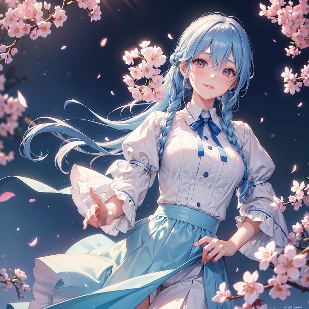 (Light blue medium hair),(Braided hair tied together)、Pink eyes、Fair skin、(whole body)、(uniform)、Cherry Blossoms at Night、A big smile、A dignified figure、solo、(masterpiece、Highest quality、Very detailed、Best Shadow)、(Detailed Background)、(Beautifully detailed face)、High contrast、(Best lighting、Very delicate and beautiful)、((Cinematic Light))、colorful、Hyper Detail、Dramatic Light、Exquisite detail、