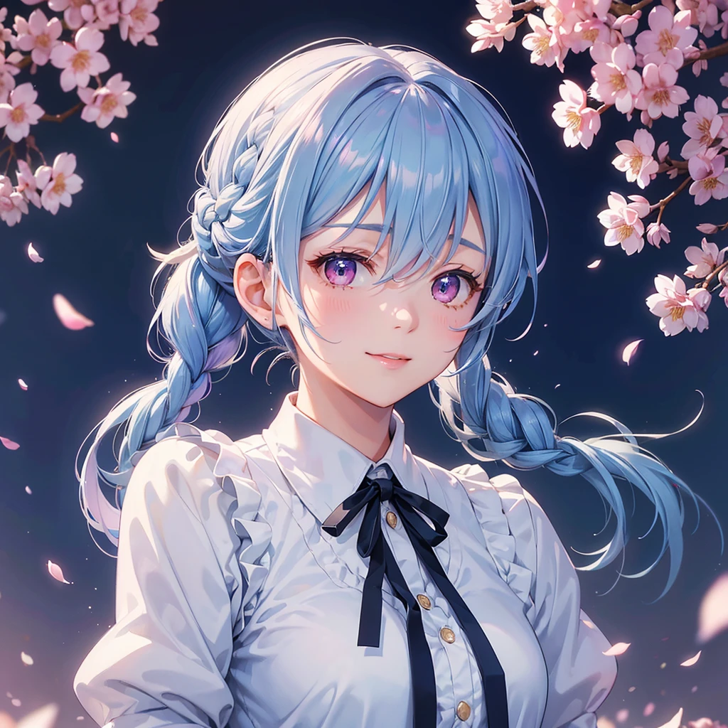 (Light blue medium hair),(Braided hair tied together)、Pink eyes、Fair skin、(whole body)、(uniform)、Cherry Blossoms at Night、A big smile、A dignified figure、solo、(masterpiece、Highest quality、Very detailed、Best Shadow)、(Detailed Background)、(Beautifully detailed face)、High contrast、(Best lighting、Very delicate and beautiful)、((Cinematic Light))、colorful、Hyper Detail、Dramatic Light、Exquisite detail、