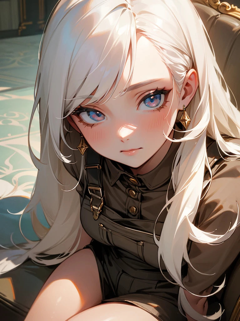 +Masterpiece, best quality, super detailed, a , beautiful face, rich details, (long white hair), perfect face, overalls, sitting, close-up, shabby sofa