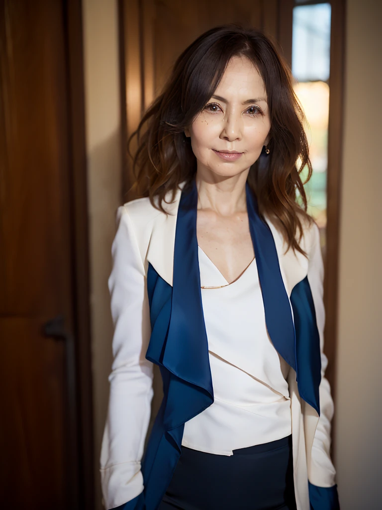 NSFW, ((highest quality)), ((8K)), ((masterpiece:1.3)), (be familiar with), perfect face, (KE), (JMA), ((japanese woman)), (Married woman), ((60 years old)), (((Layering a jacket and blouse))), ((navy blue silk jacket)), (transparent white blouse:1.05), (Knee-length navy blue tight skirt), (wrinkles on the face:1.2), ((wrinkles at the corners of the eyes)), A slightly gloomy look, (lips slightly open), (Look diagonally forward to the left:1.3), (Long wavy hair), double upper eyelid, (whole body), standing posture, high heels,