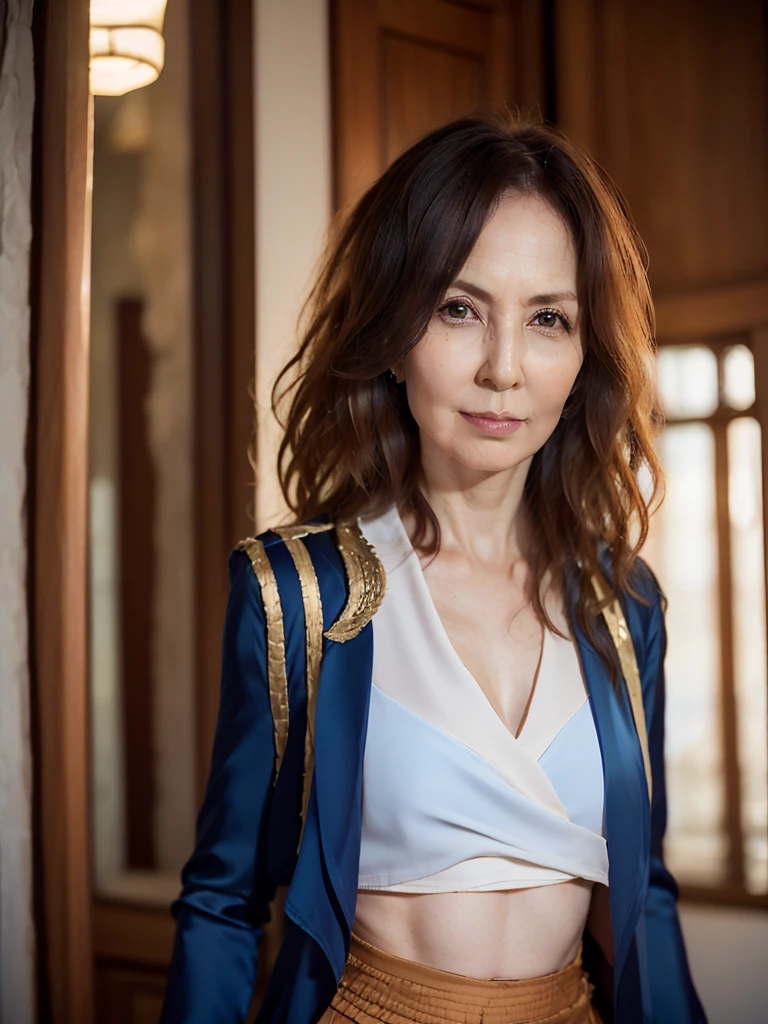 NSFW, ((highest quality)), ((8K)), ((masterpiece:1.3)), (be familiar with), perfect face, (KE), (JMA), ((japanese woman)), (Married woman), ((60 years old)), (((Layering a jacket and blouse))), ((navy blue silk jacket)), (transparent white blouse:1.05), (Knee-length navy blue tight skirt), (wrinkles on the face:1.2), ((wrinkles at the corners of the eyes)), A slightly gloomy look, (lips slightly open), (Look diagonally forward to the left:1.3), (Long wavy hair), double upper eyelid, (whole body), standing posture, high heels,