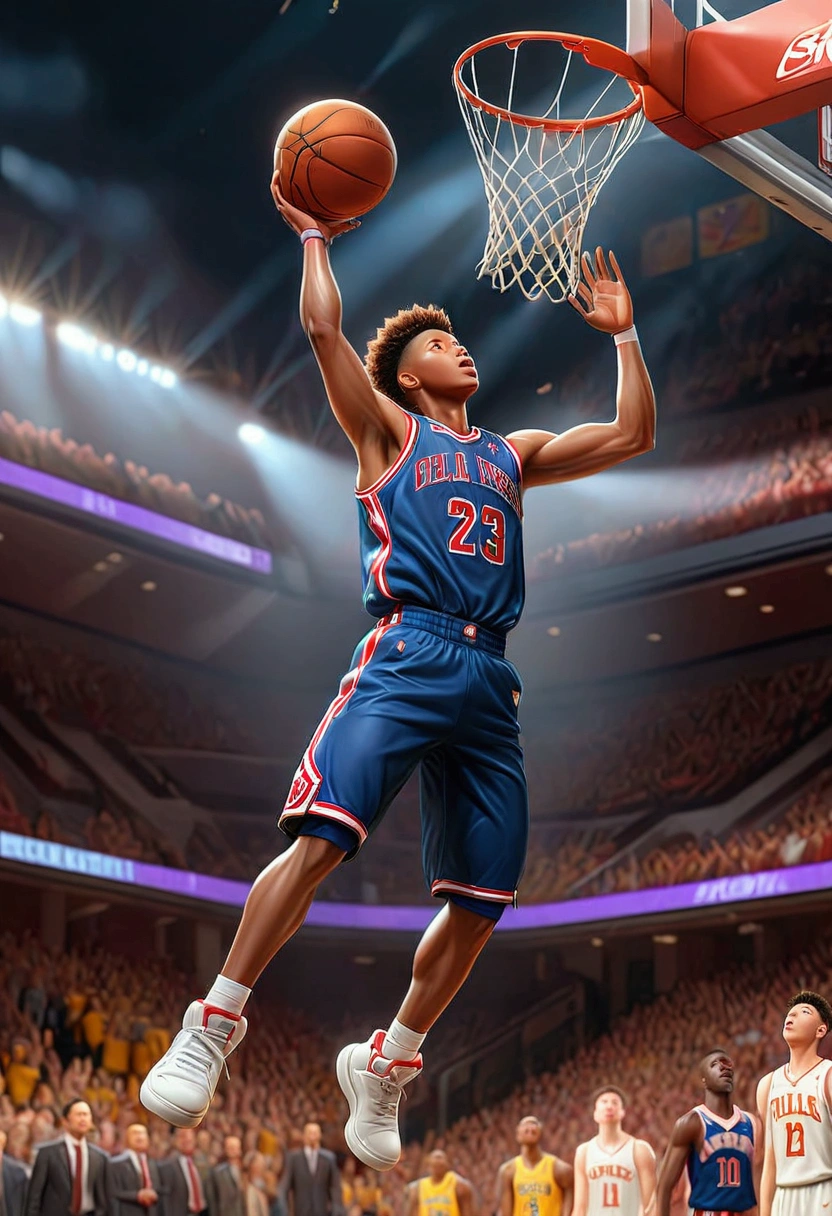 After the dunk shot was made, Fly higher than the goal, (masterpiece:1.2), best quality, high quality, ultra high res, (hyper detailed), absurdres, absolutely resolution, basketball player, Audience Enthusiasm, Match-Deciding Goal, dunk shot, Dunk Shot Stock Photos, 4K, ultra HD, insanely detailed and intricate, high resolution, HDR, extremely detailed CG, f 2.8 lens, detailed background, detailed landscape, Slam Dunk, Dunk shot, Dunk shoot,