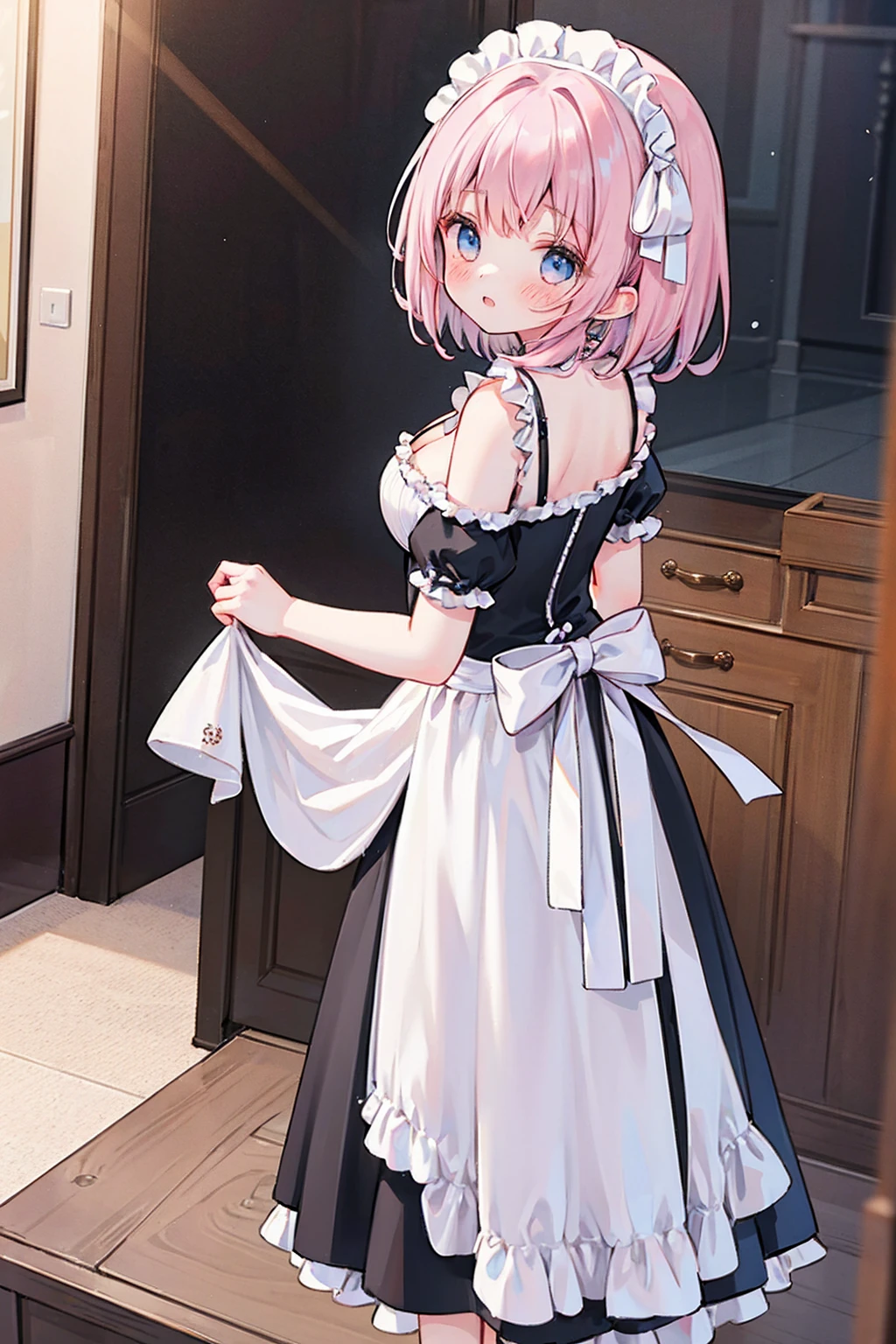1 Girl、Maid clothes、blush、Cleavage、Are standing、Looking Back