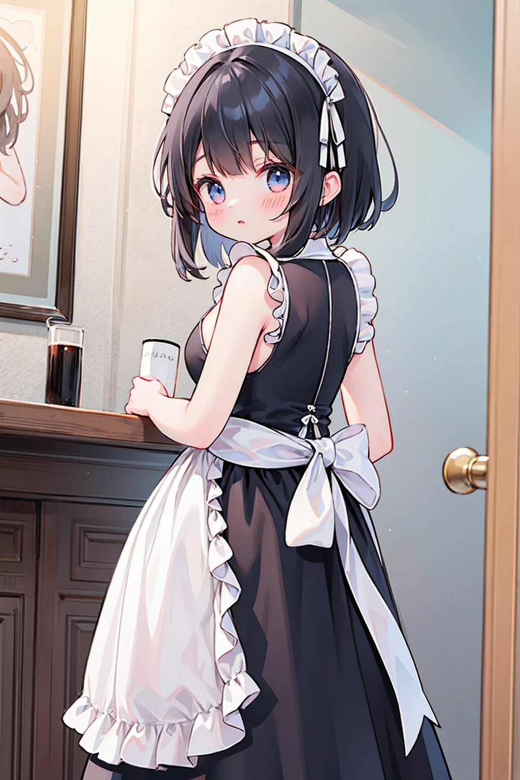 1 Girl、Maid clothes、blush、Cleavage、Are standing、Looking Back